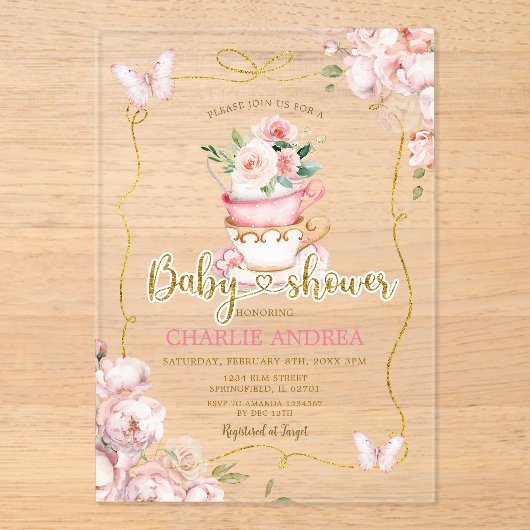 Blush Pink Flowers Butterfly Tea Party Baby shower Acryl Uitnodigingen (Voorkant)