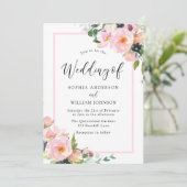 Blush Pink Flowers Elegant Border Spring Wedding Kaart (Staand voorkant)