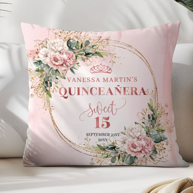 Blush Pink Flowers Eucalyptus Quinceañera Gift   Kussen (Blush Pink Flowers Eucalyptus Quinceañera Gift Pillow)