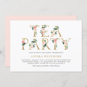Blush Pink Flowers Gold Foil Spring Tea Party Kaart