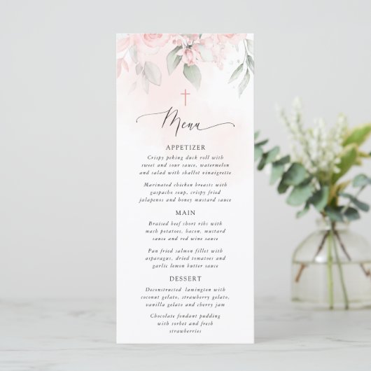 Blush Pink Flowers, Greenery, Boho, Baptism Menu (Staand voorkant)