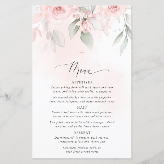 Blush Pink Flowers, Greenery, Boho, Baptism Menu (Voorkant)