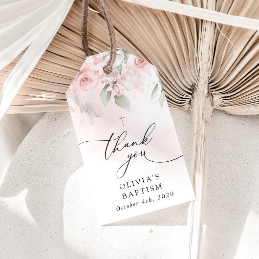 Blush Pink Flowers, Greenery, Boho, Floral Baptism Cadeaulabel