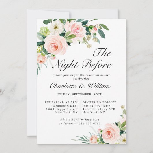 Blush Pink Flowers Greenery REHEARSAL DINNER Kaart (Voorkant)
