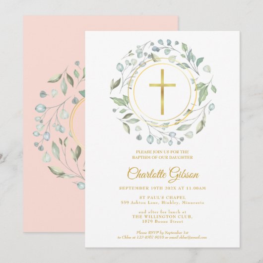 Blush Pink Garland Gold Cross Baptisme Christening Kaart (Voorkant / Achterkant)