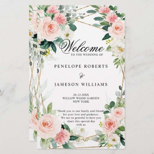 Blush Pink Geometric Botanical Wedding Program (Voorkant / Achterkant)