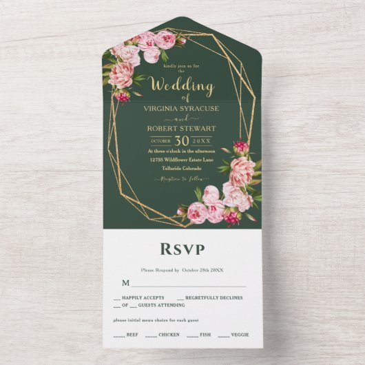Blush Pink Geometric Elegant Greenery Wedding All In One Uitnodiging (Binnen)