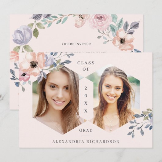 Blush Pink Geometric Floral | Foto Afstudeerder Pa Kaart (Voorkant / Achterkant)