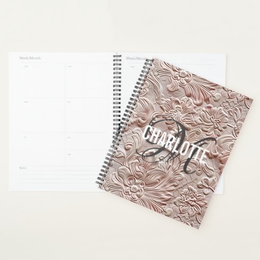 Blush Pink Gereedschapte Lederen Monogram Naam Planner (Display)