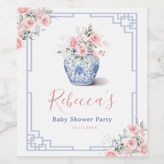 Blush Pink Ginger Jar Chinoiserie Baby shower Wijn Etiket (Enkel label)