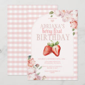 Blush Pink Gingham Berry Sweet Birthday Kaart (Voorkant / Achterkant)