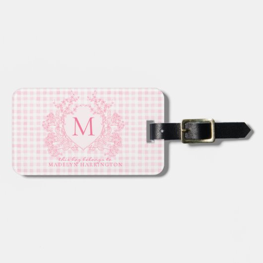 Blush Pink Gingham Floral Crest Monogram Bagagelabel (Voorkant horizontaal)