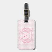Blush Pink Gingham Floral Crest Monogram Bagagelabel (Voorkant verticaal)