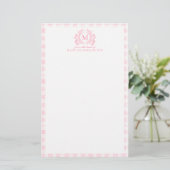 Blush Pink Gingham Floral Crest Monogram Briefpapier (Staand voorkant)
