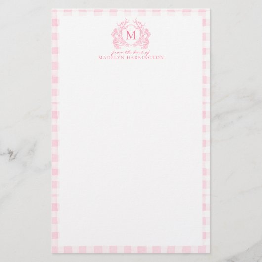 Blush Pink Gingham Floral Crest Monogram Briefpapier (Voorkant)