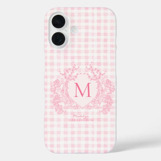 Blush Pink Gingham Floral Crest Monogram Case-Mate iPhone Case (Achterkant)