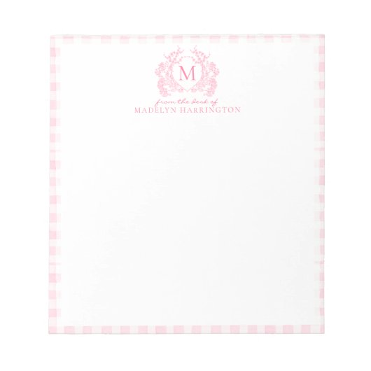 Blush Pink Gingham Floral Crest Monogram Notitieblok (Voorkant)