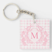 Blush Pink Gingham Floral Crest Monogram Sleutelhanger (Voorkant)