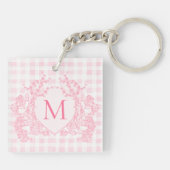 Blush Pink Gingham Floral Crest Monogram Sleutelhanger (Achterkant)