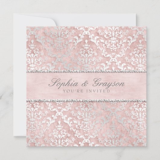 Blush Pink Glimmer Damask Wedding Invite Kaart (Voorkant)