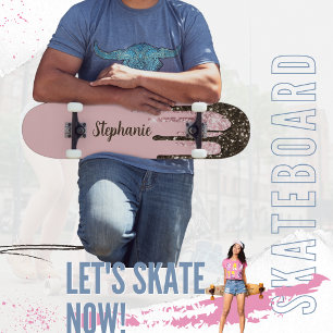 Blush Pink Glitter Girly Sparkle Persoonlijke naam Skateboard