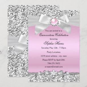 Blush Pink Glitter Pearl Bow Quinceanera Birthday Kaart