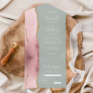 Blush Pink Gold Agate Bleek Sage Green Wedding All In One Uitnodiging