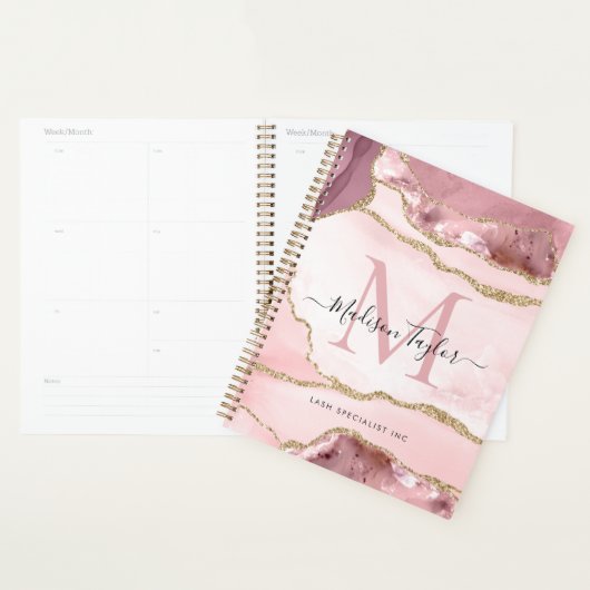 Blush Pink Gold Agate Geode Monogram Script Name Planner (Display)