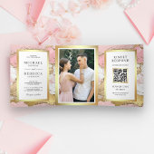 Blush Pink Gold Agate Marble QR Code Weddenschap Drieluik Uitnodiging