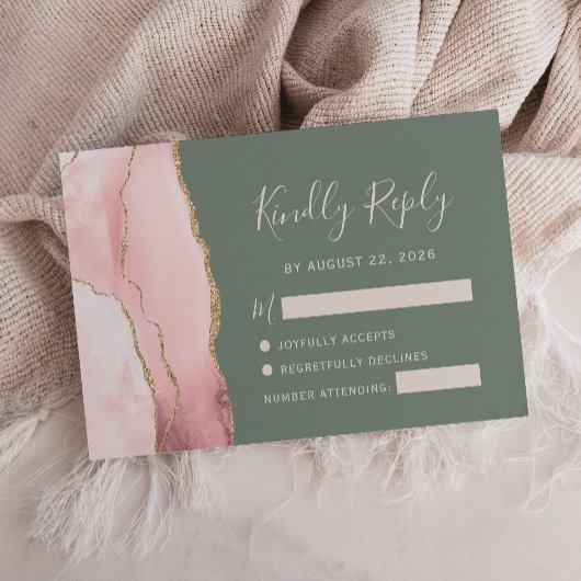 Blush Pink Gold Agate Sage Green Wedding RSVP Kaar Kaartje