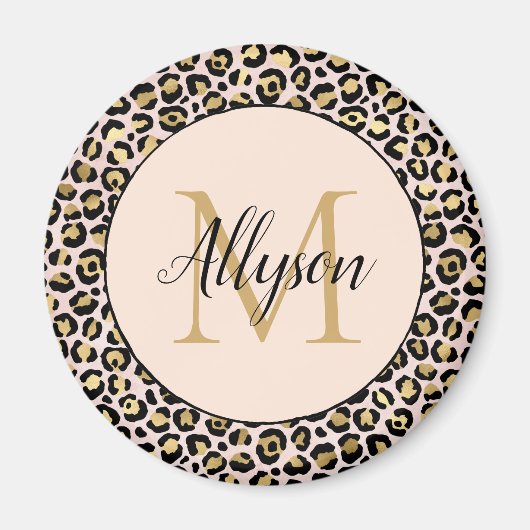 Blush Pink Gold Black Leopard Print Monogram Magneet (Voorkant)