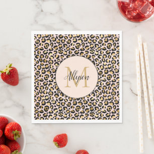 Blush Pink Gold Black Leopard Print Monogram Servet