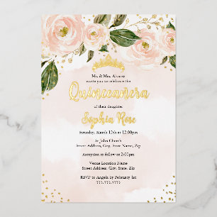 Blush Pink Gold Bloem Tiara Quinceanera Folie Uitnodiging