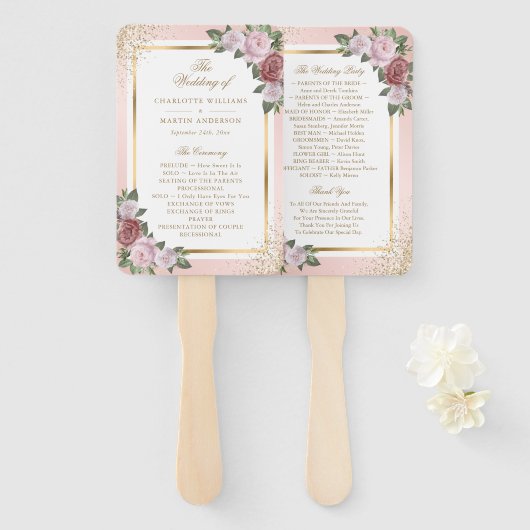 Blush Pink Gold Bloemen Trouwprogramma Handwaaier (Voorkant en achterkant)