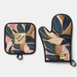 Blush Pink Gold Boho Trendy Leaves Collectie Ovenwant & Pannenlap Set