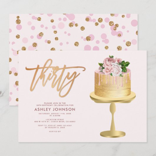 Blush Pink & Gold Cake Confetti30th Birthday Party Kaart (Voorkant / Achterkant)