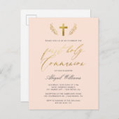 Blush Pink & Gold Calligraphy First Heilige Commun Uitnodiging Briefkaart (Voorkant / Achterkant)