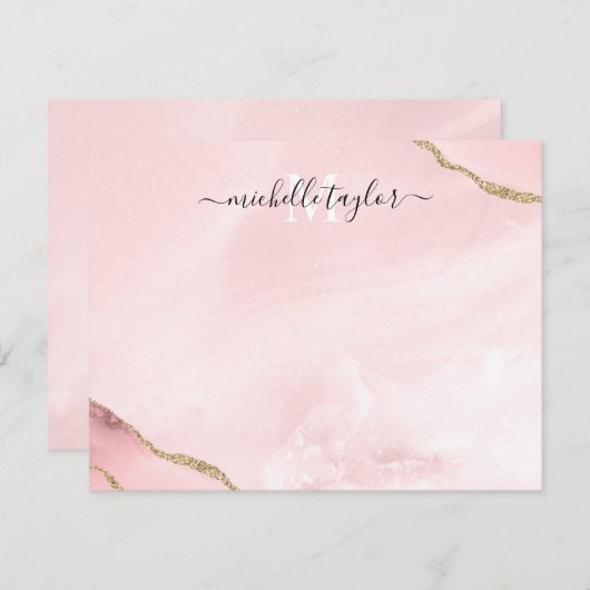 Blush Pink Gold Chic Glitter Gold Agate Monogram N Notitiekaartje (Voorkant / Achterkant)