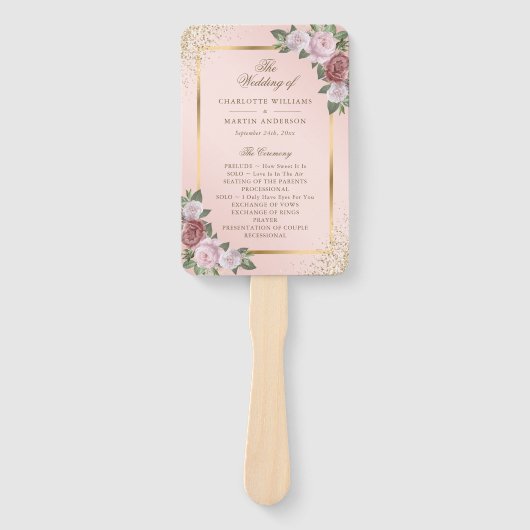 Blush Pink Gold Confetti Bloemen Trouwprogramma Handwaaier (Voorkant)