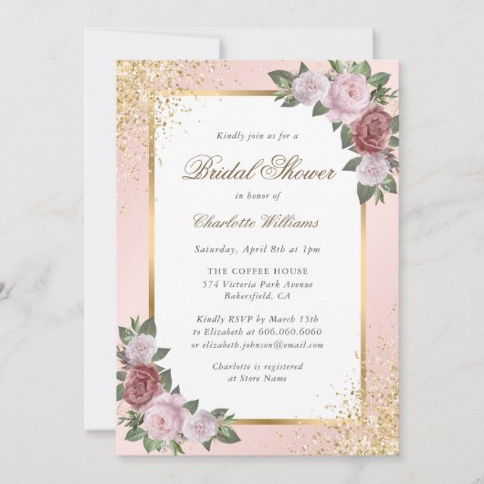 Blush Pink Gold Confetti Floral Vrijgezellenfeest Kaart (Voorkant)