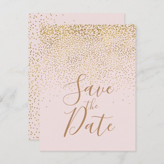 Blush Pink & Gold Confetti Modern Bewaar de datum Aankondigingskaart (Voorkant / Achterkant)