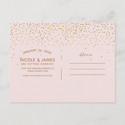 Blush Pink & Gold Confetti Modern Bewaar de datum Aankondigingskaart (Achterkant)