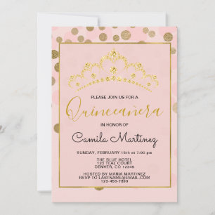 Blush Pink & Gold Confetti Quinceanera met Tiara Kaart