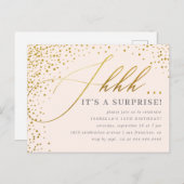 Blush Pink & Gold Confetti Script Surprise Party Uitnodiging Briefkaart (Voorkant / Achterkant)