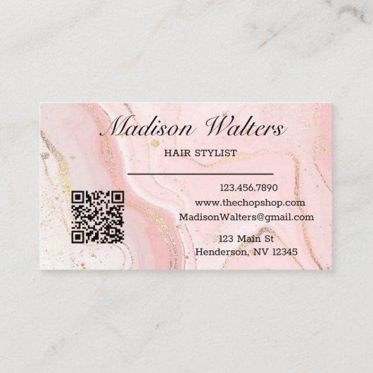 Blush Pink Gold Custom Logo QR Code Agate Monogram Visitekaartje (Achterkant)
