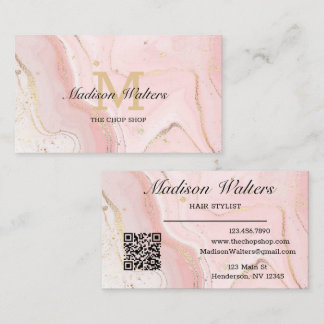 Blush Pink Gold Custom Logo QR Code Agate Monogram Visitekaartje