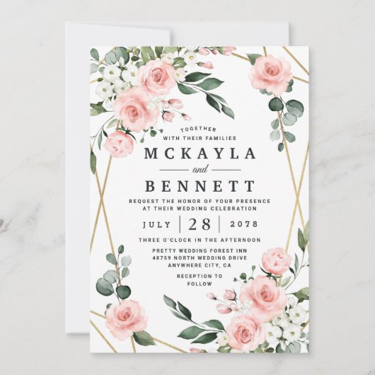 Blush Pink Gold en White Floral Greenery Wedding Kaart (Voorkant)