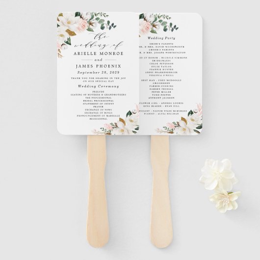 Blush Pink Gold en White Floral Wedding Programs Handwaaier (Voorkant en achterkant)