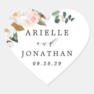 Blush Pink Gold en White Magnolia Floral Wedding Hart Sticker