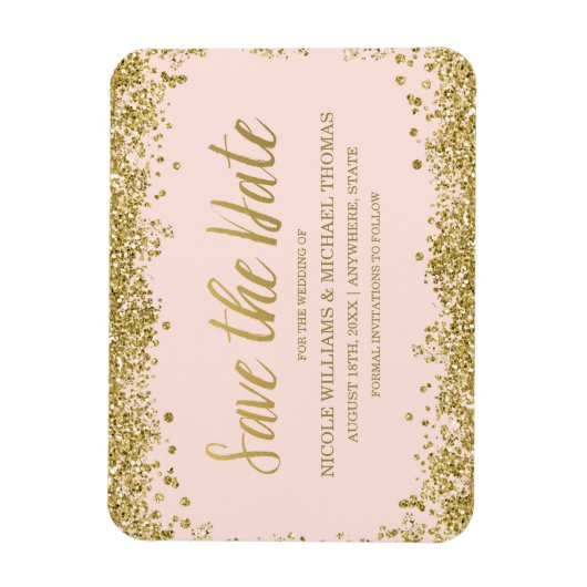 Blush Pink Gold Faux Glitter Save the Date Magneet (Verticaal)